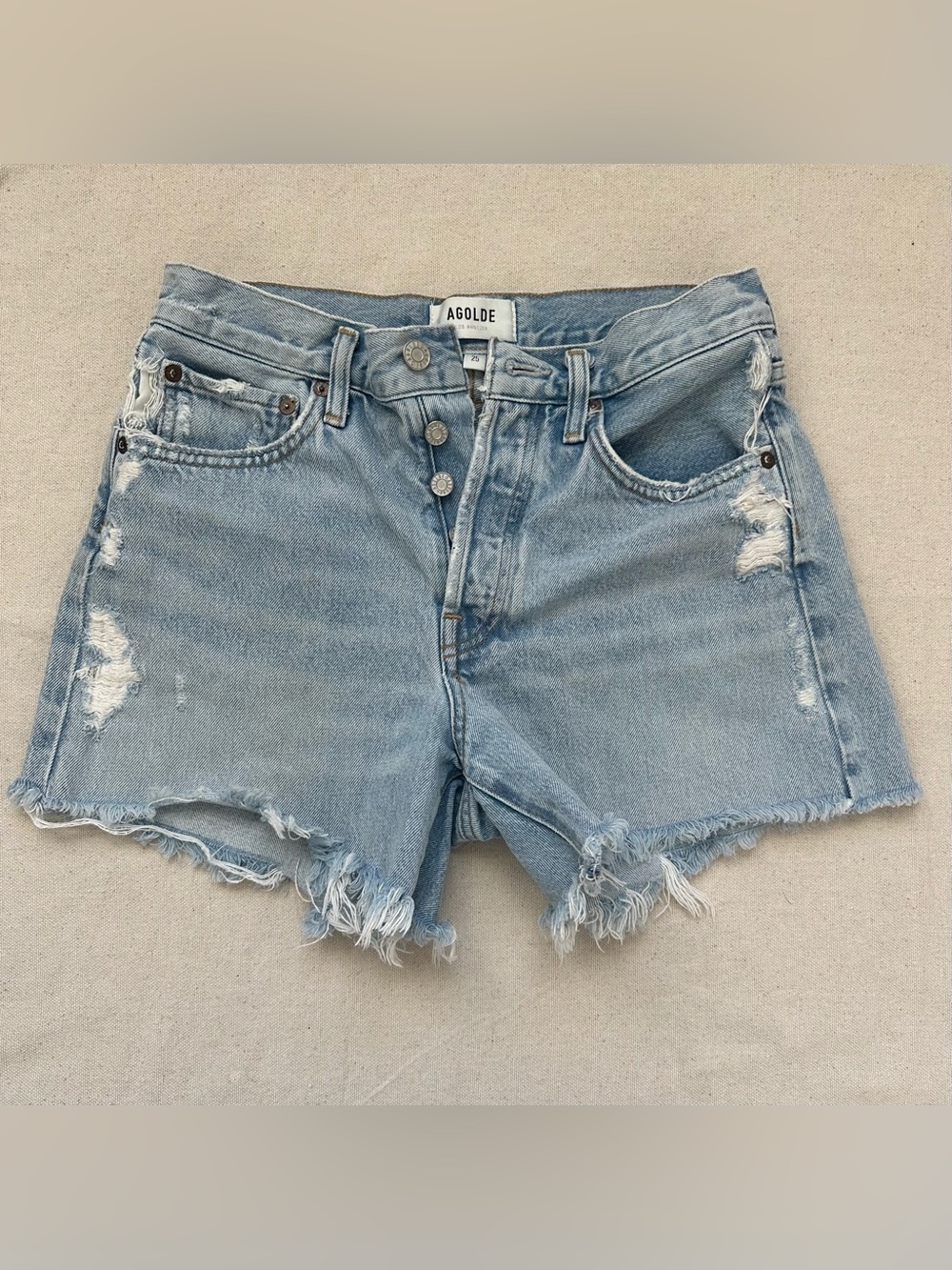 AGOLDE Parker Long High Rise Distressed Denim Shorts Size 25 Light Wash Faded